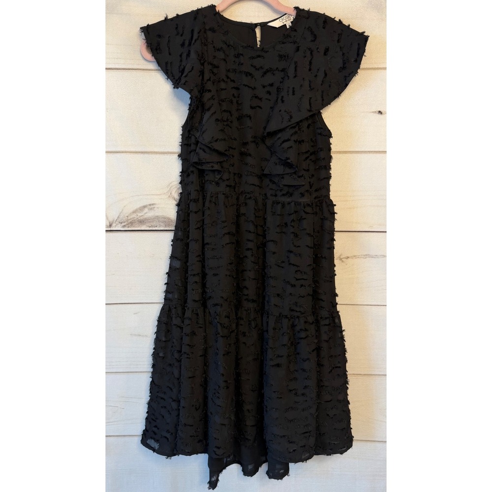 Crosby by Mollie Burch Black Eyelash Fringe Tiered Ruffle Midi Dress XS